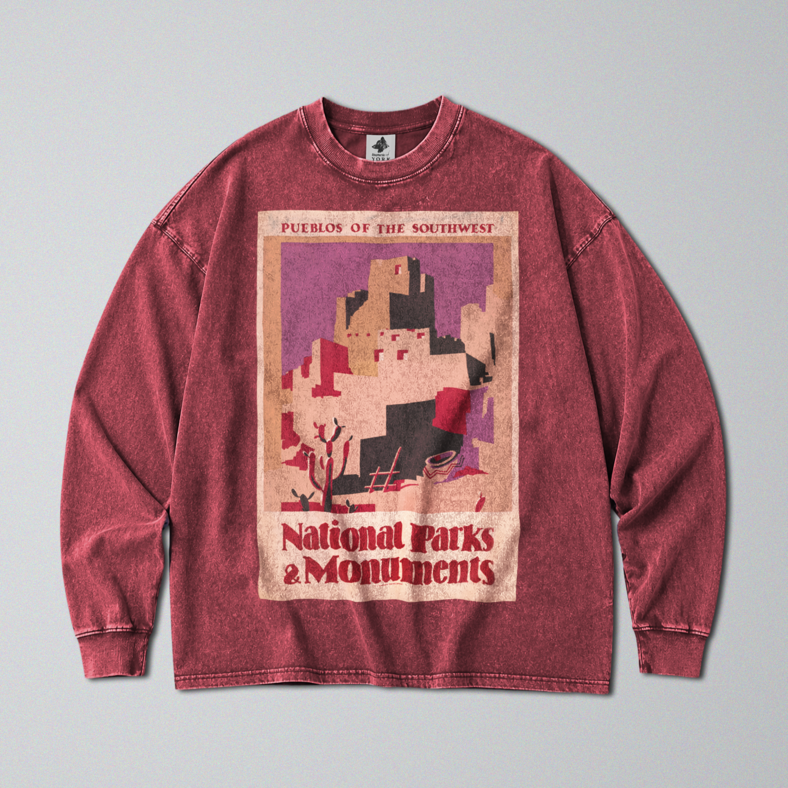 Oversized Snow Washed Long Sleeve Cotton Tee - Pueblos of the Southwest Print