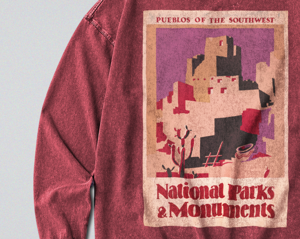 Oversized Snow Washed Long Sleeve Cotton Tee - Pueblos of the Southwest Print