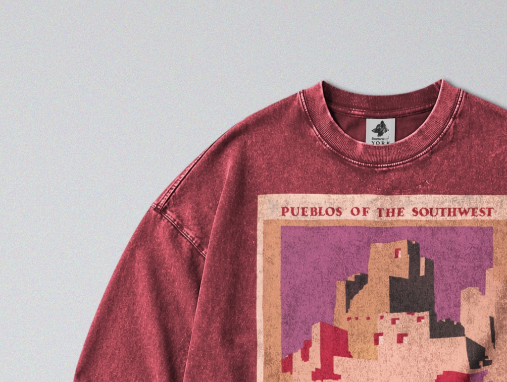 Oversized Snow Washed Long Sleeve Cotton Tee - Pueblos of the Southwest Print