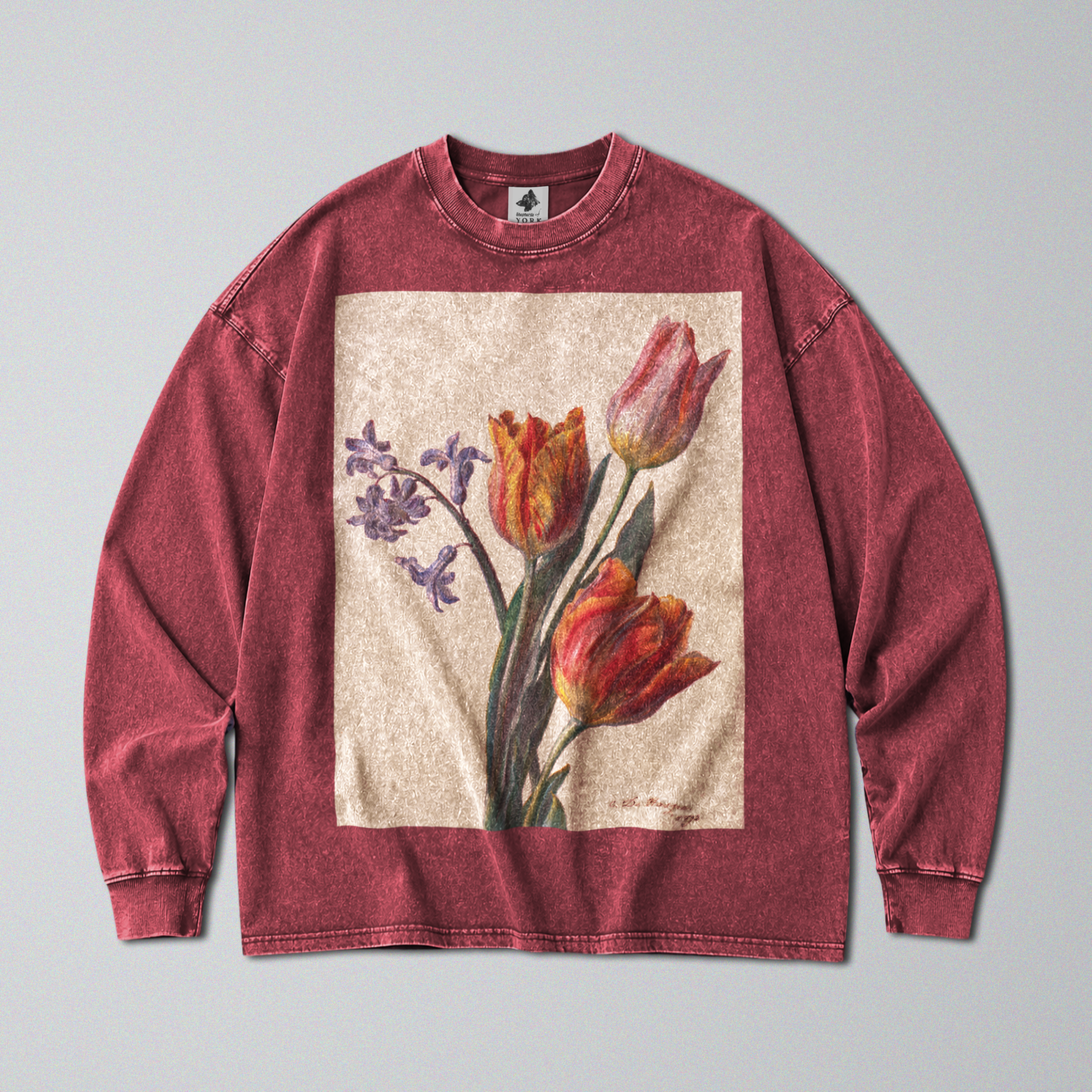 Oversized Snow Washed Long Sleeve Cotton Tee - Tulips Flower Print