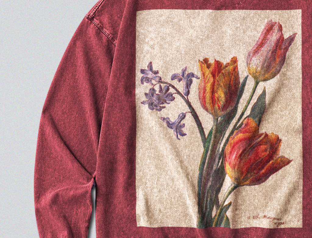 Oversized Snow Washed Long Sleeve Cotton Tee - Tulips Flower Print