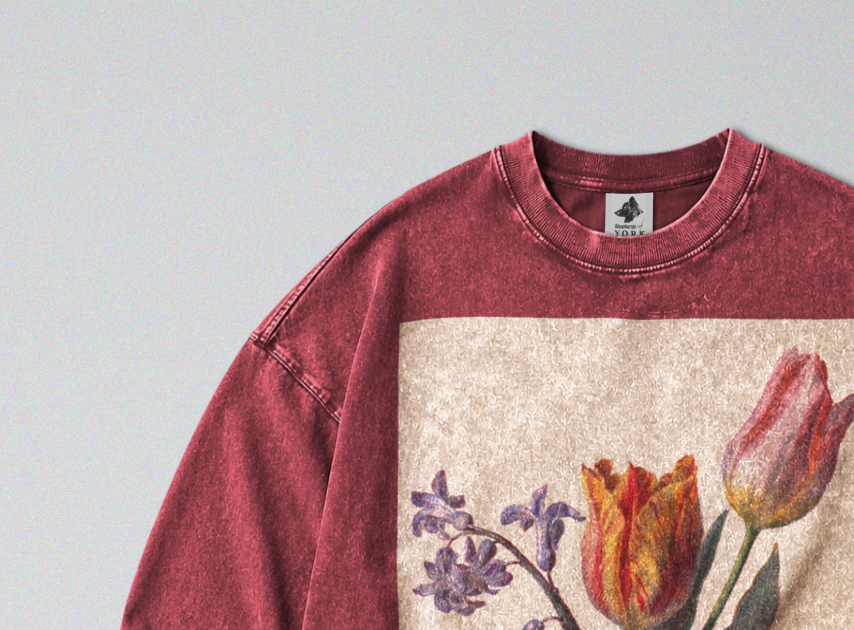 Oversized Snow Washed Long Sleeve Cotton Tee - Tulips Flower Print