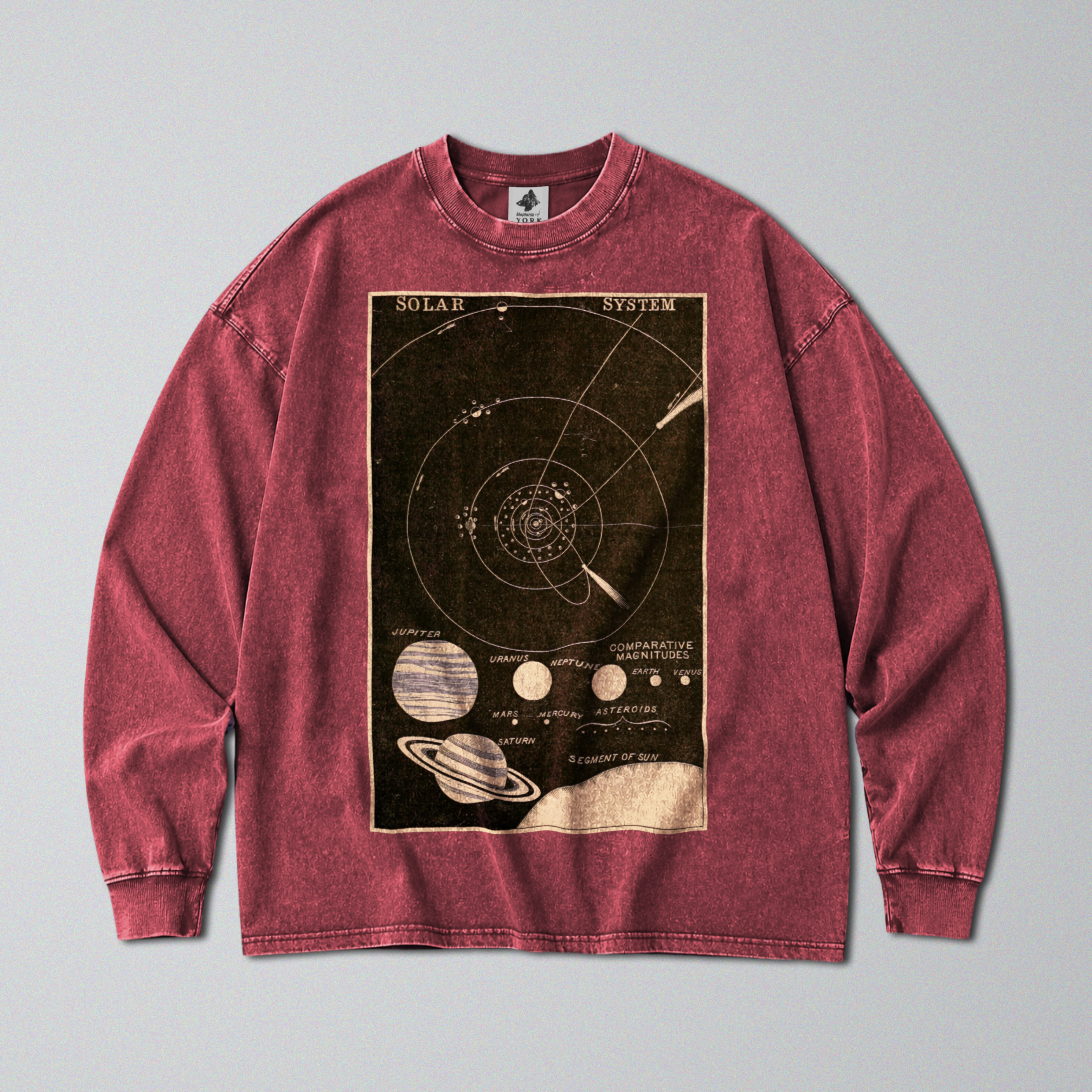 Oversized Snow Washed Long Sleeve Cotton Tee - Star Chart of the Planets Print