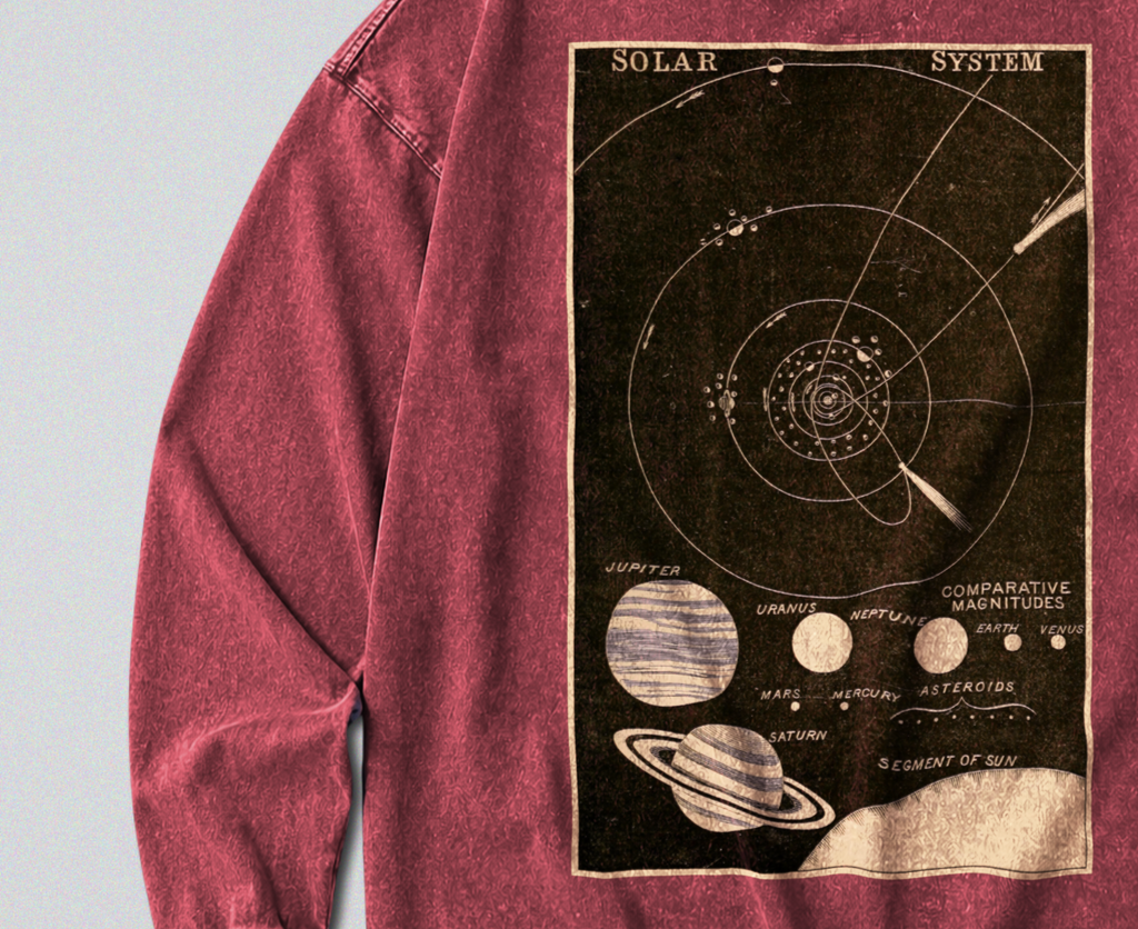Oversized Snow Washed Long Sleeve Cotton Tee - Star Chart of the Planets Print