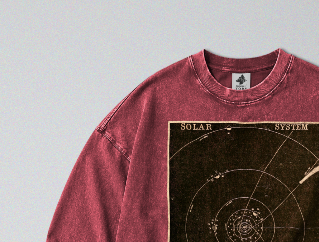 Oversized Snow Washed Long Sleeve Cotton Tee - Star Chart of the Planets Print