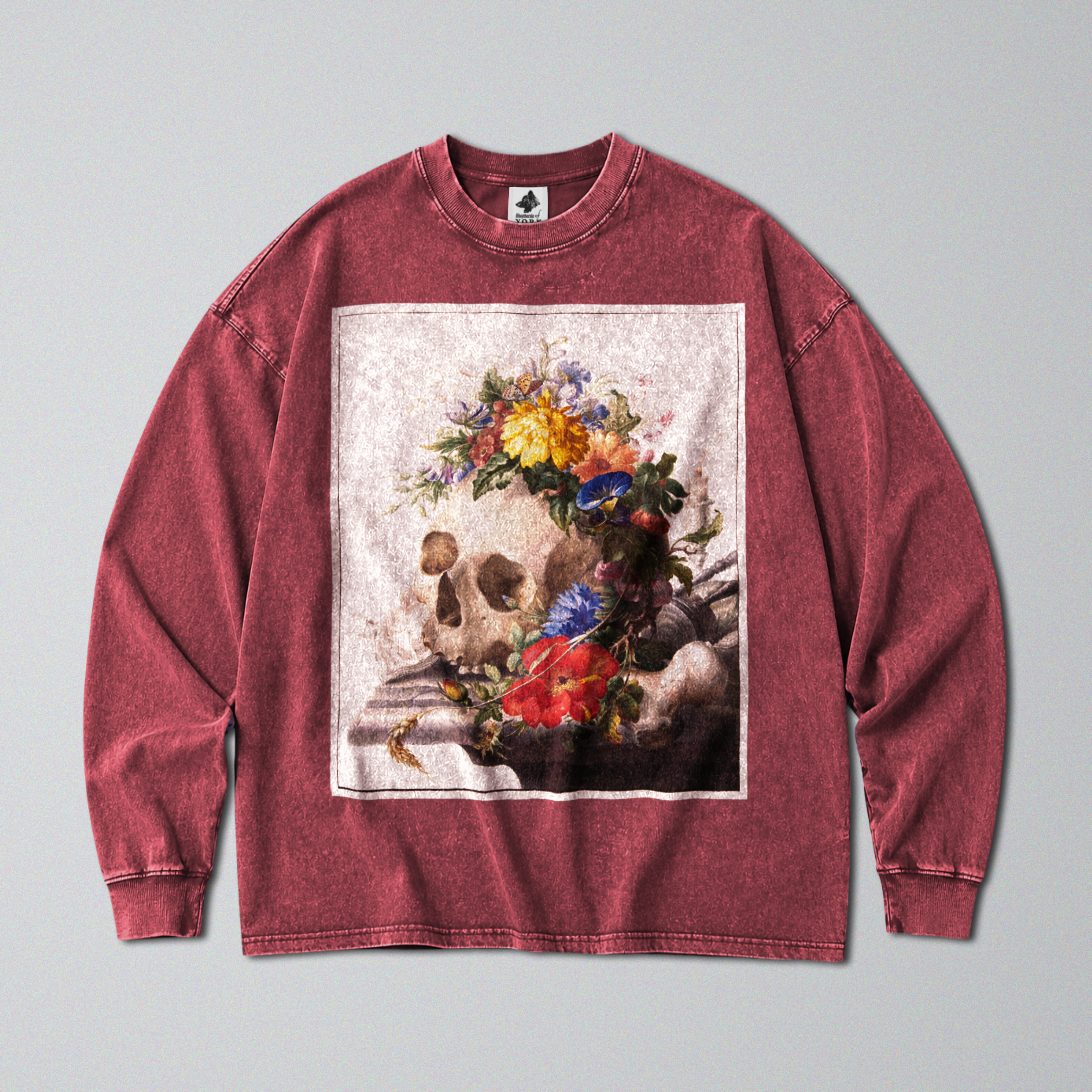 Oversized Snow Washed Long Sleeve Cotton Tee - Human Skull with Flowers Print