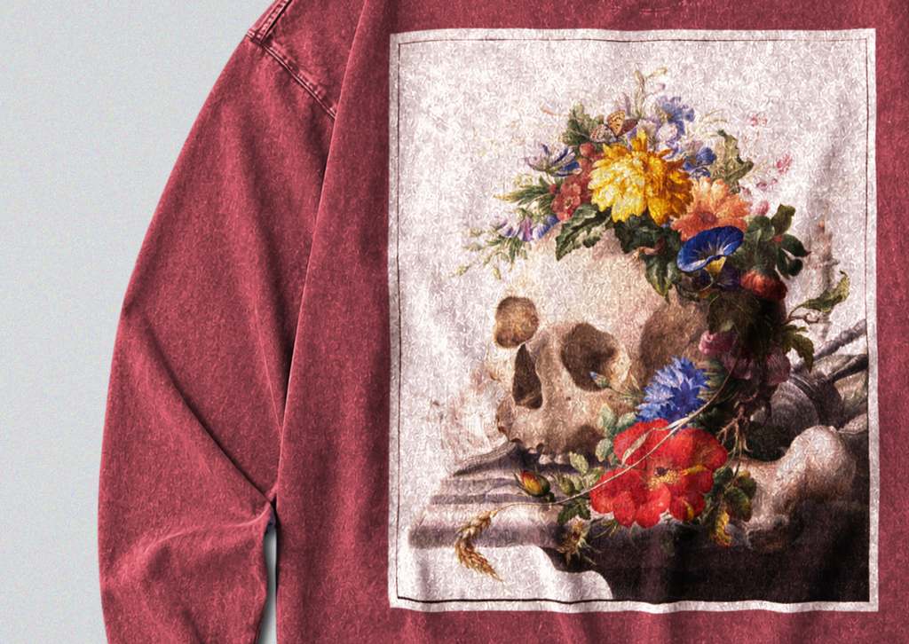 Oversized Snow Washed Long Sleeve Cotton Tee - Human Skull with Flowers Print