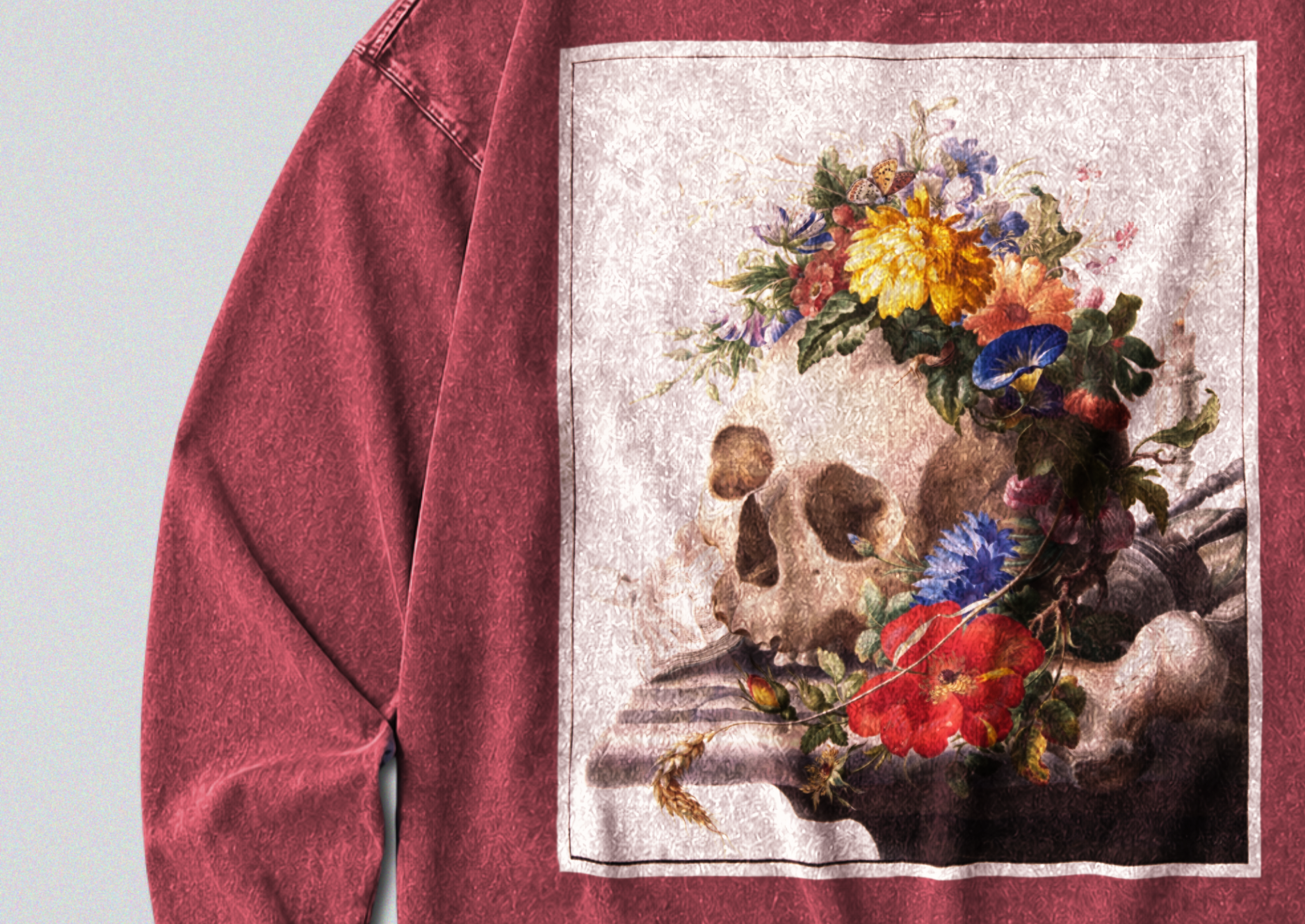 Oversized Snow Washed Long Sleeve Cotton Tee - Human Skull with Flowers Print