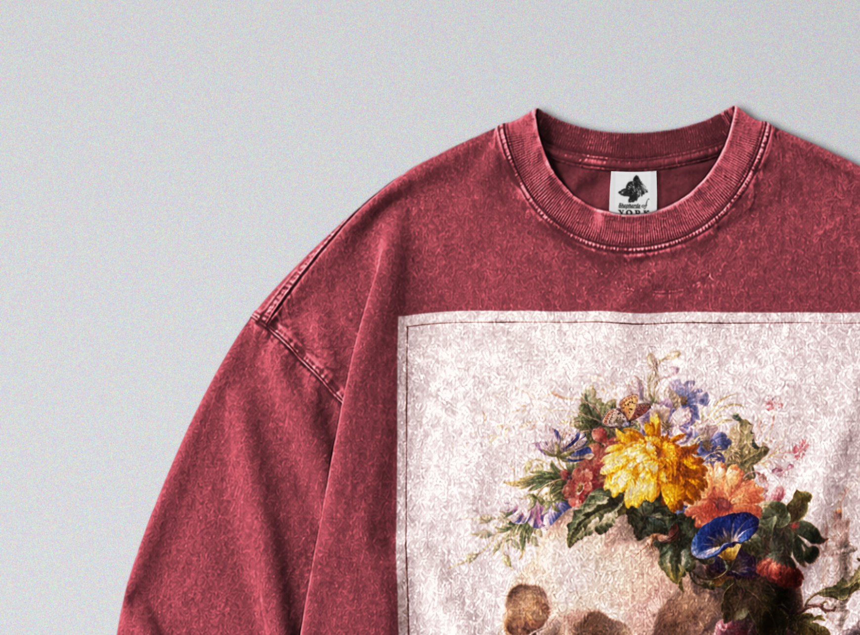Oversized Snow Washed Long Sleeve Cotton Tee - Human Skull with Flowers Print