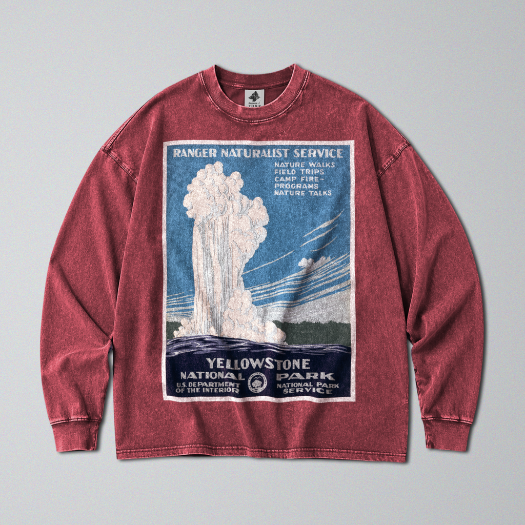 Oversized Snow Washed Long Sleeve Cotton Tee - Yellowstone National Park Print