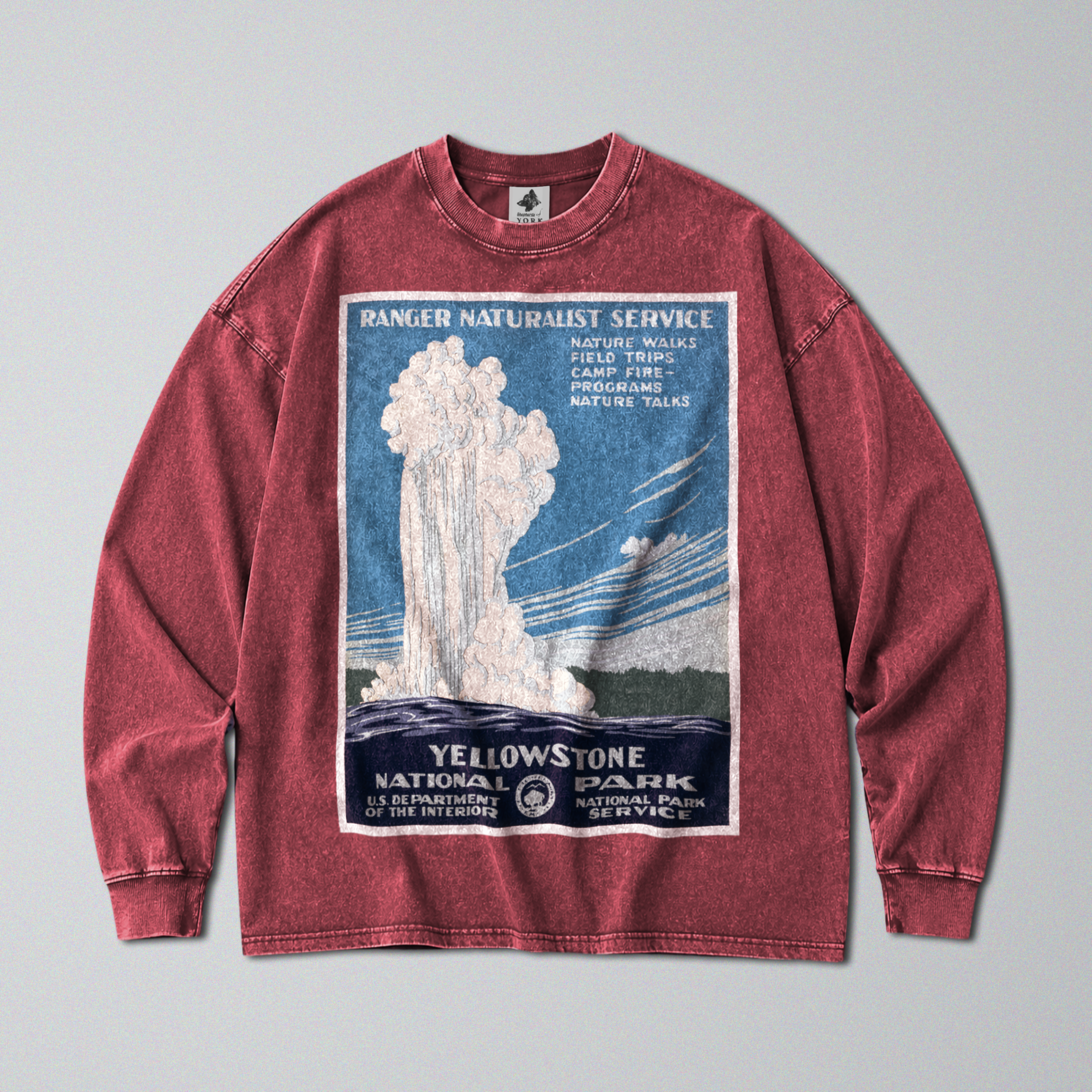 Oversized Snow Washed Long Sleeve Cotton Tee - Yellowstone National Park Print