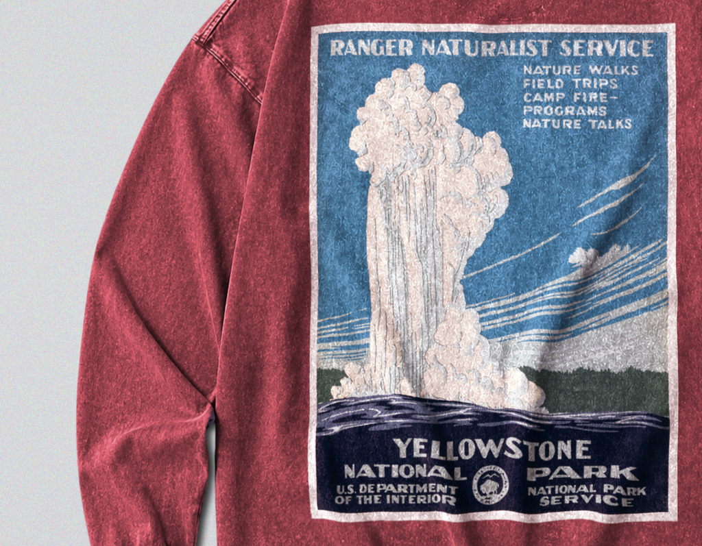 Oversized Snow Washed Long Sleeve Cotton Tee - Yellowstone National Park Print