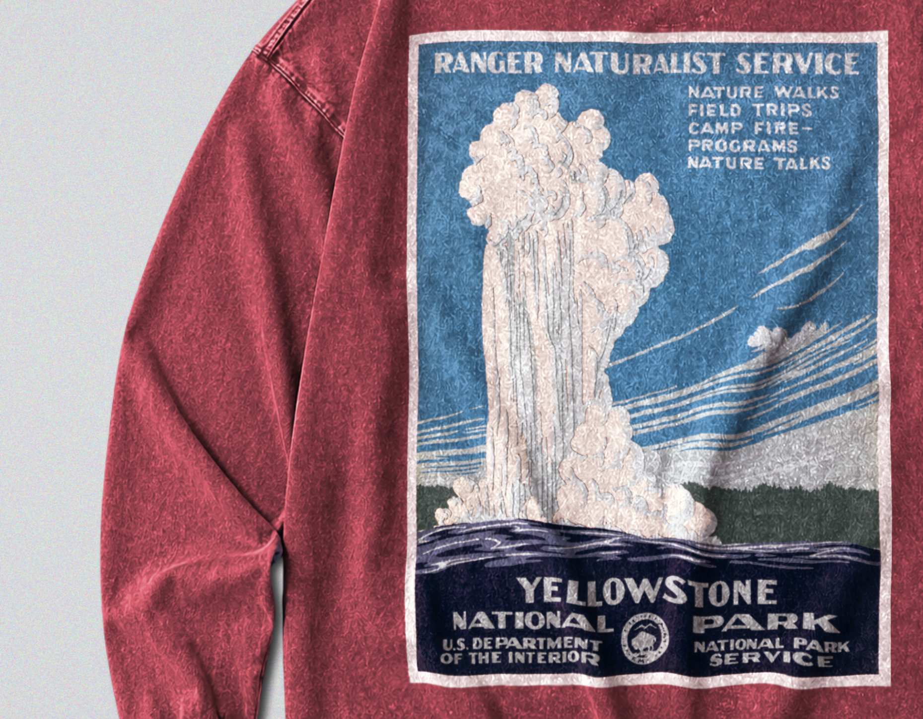 Oversized Snow Washed Long Sleeve Cotton Tee - Yellowstone National Park Print