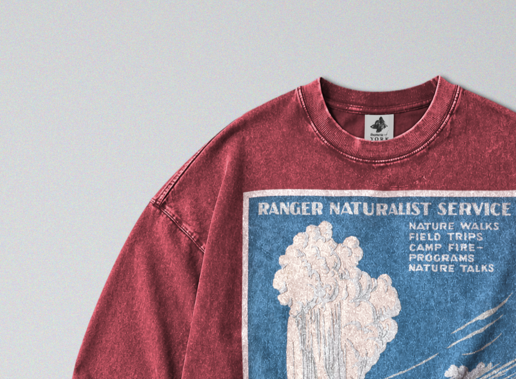Oversized Snow Washed Long Sleeve Cotton Tee - Yellowstone National Park Print