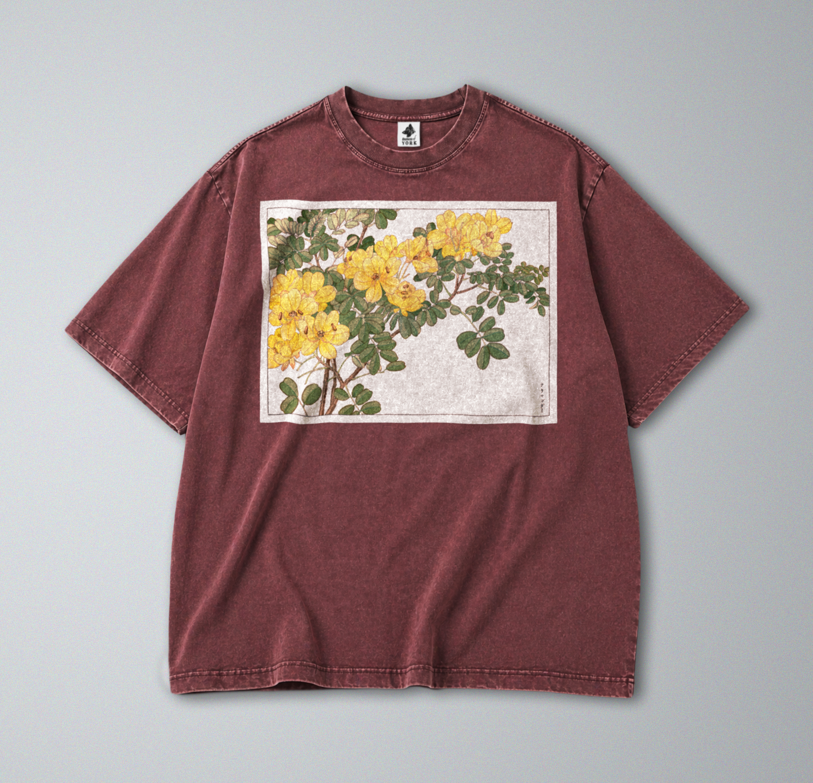 Oversized Snow Washed Cotton Tee - Japanese Botanical Wild Flower Print