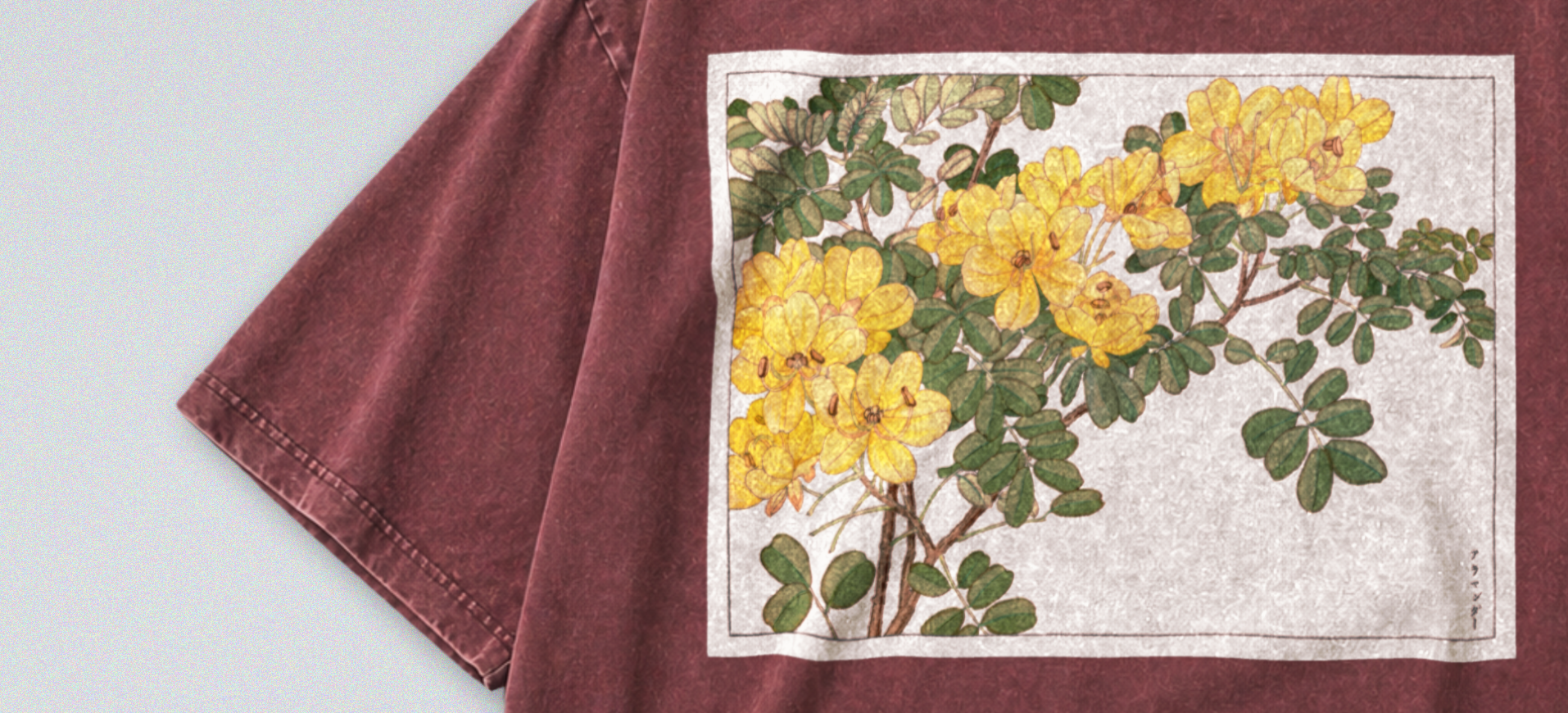 Oversized Snow Washed Cotton Tee - Japanese Botanical Wild Flower Print