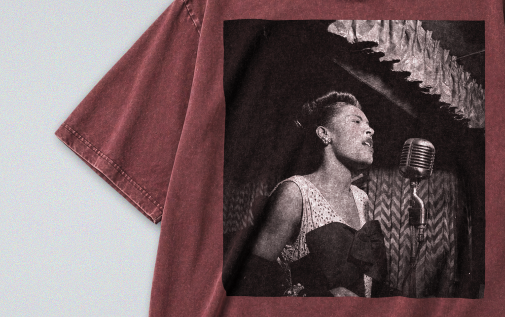 Oversized Snow Washed Cotton Tee - Billie Holiday Photograph Print