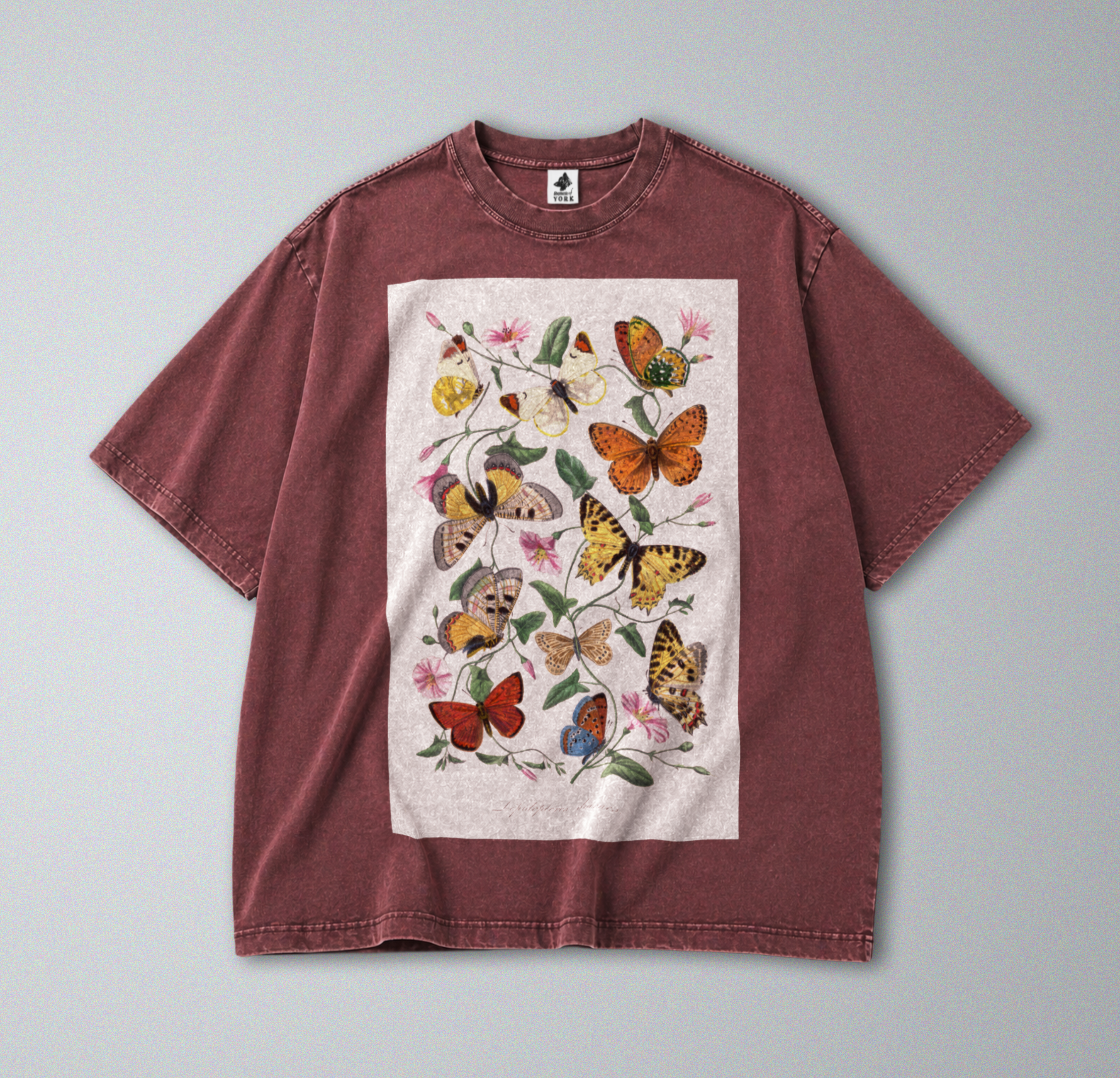 Oversized Snow Washed Cotton Tee - Whimsical Butterfly Print
