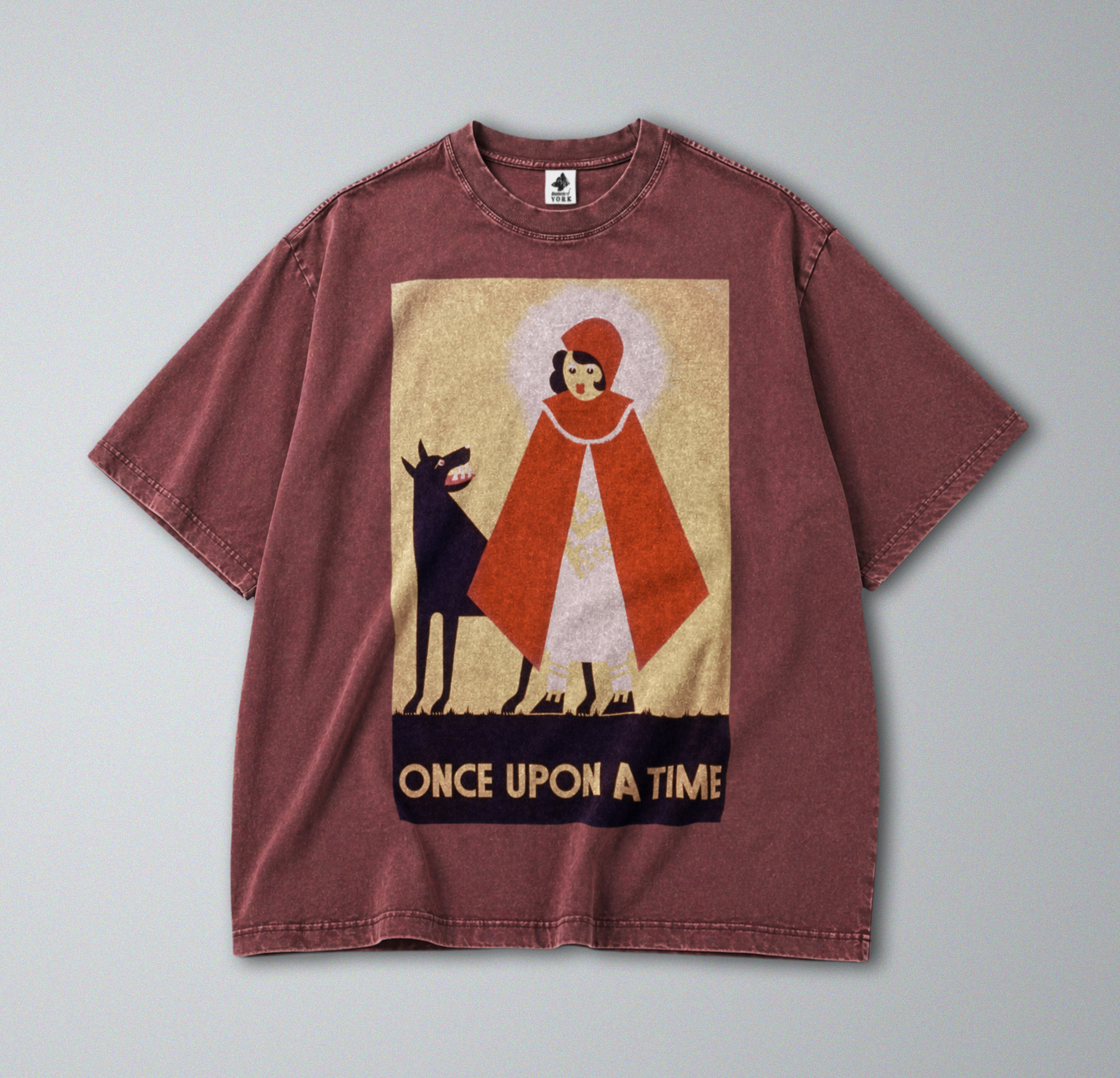 Oversized Snow Washed Cotton Tee - Red Riding Hood & Big Bad Wolf Print