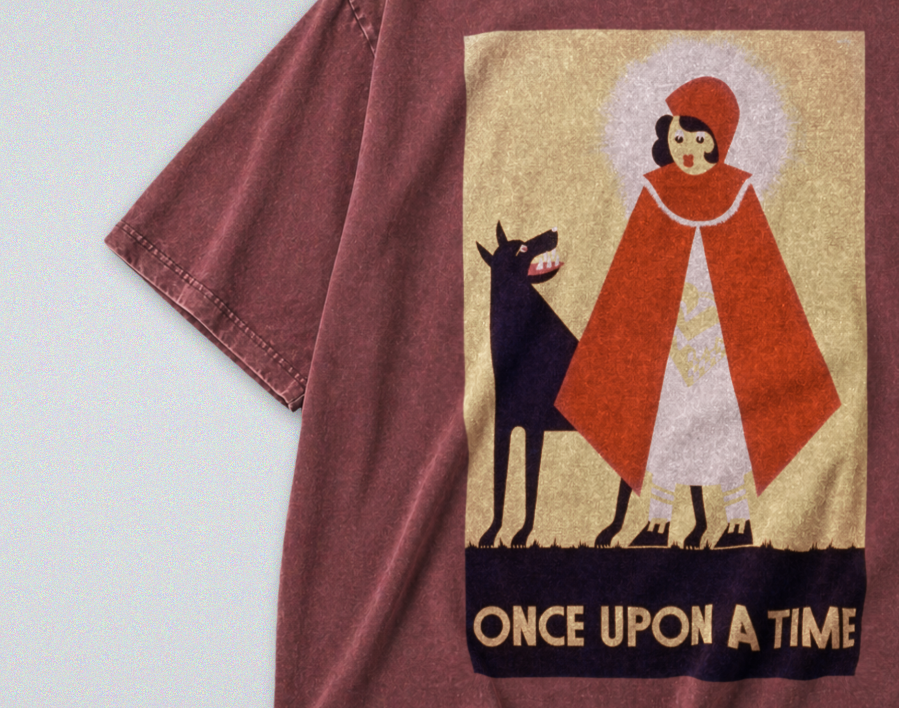 Oversized Snow Washed Cotton Tee - Red Riding Hood & Big Bad Wolf Print