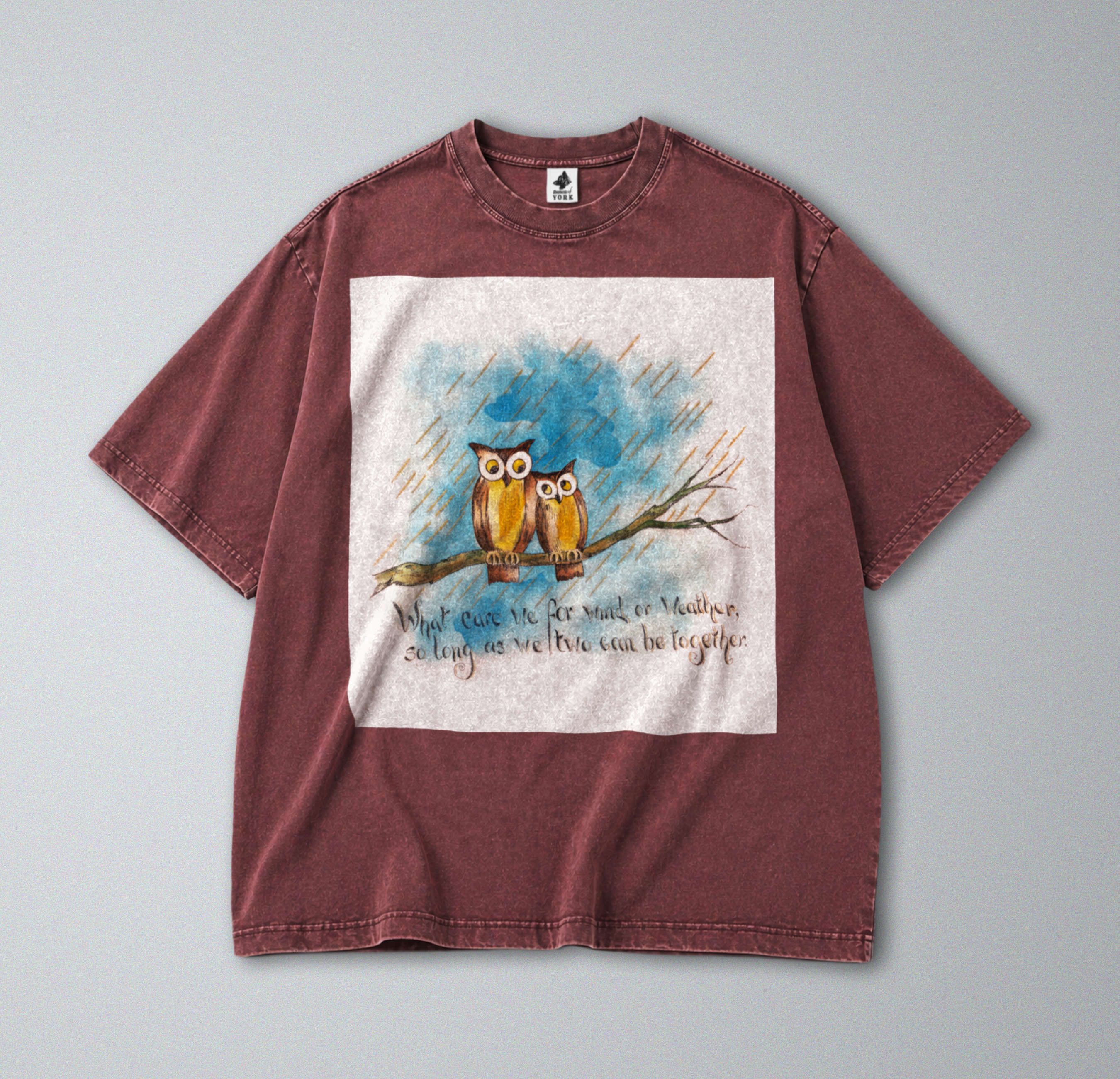Oversized Snow Washed Cotton Tee - Owls in the Rain with Poem Print