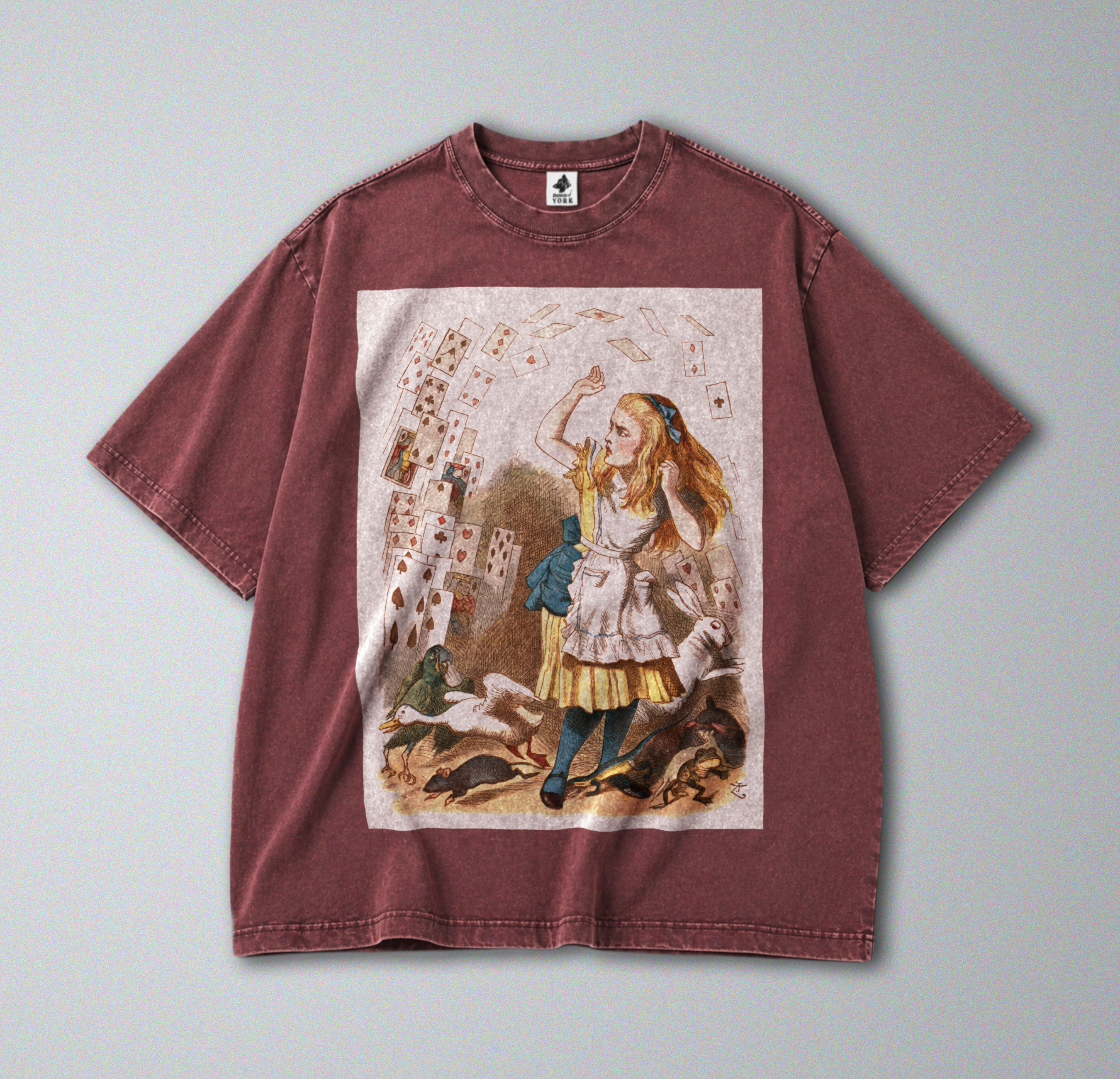 Oversized Snow Washed Cotton Tee - Alice in Wonderland Print