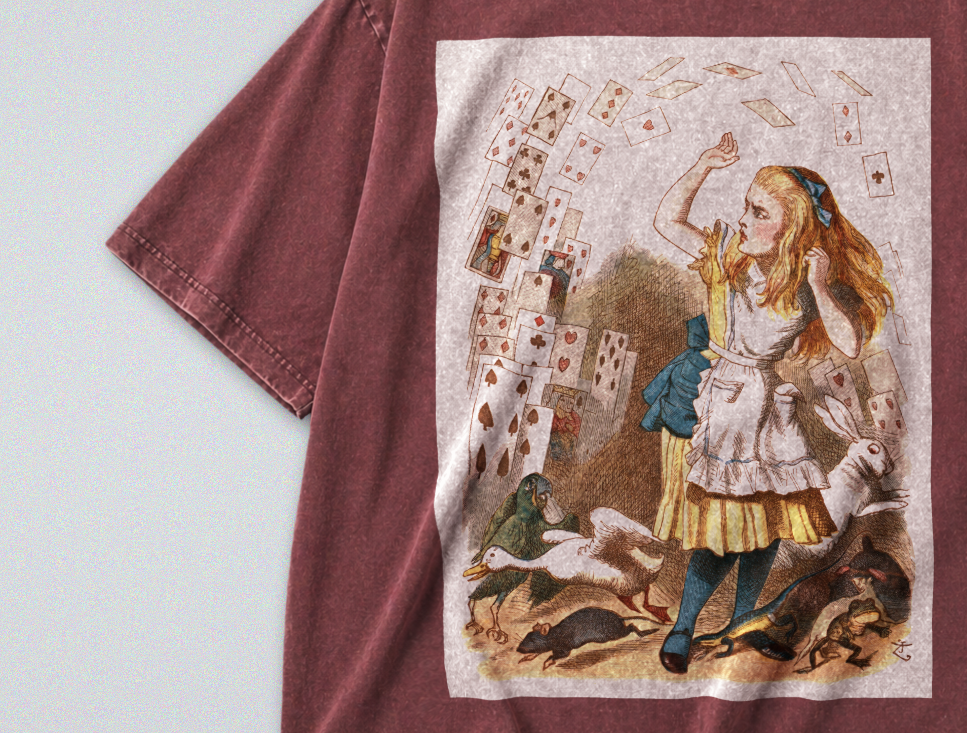 Oversized Snow Washed Cotton Tee - Alice in Wonderland Print